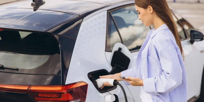 young cute lady charging her electric car